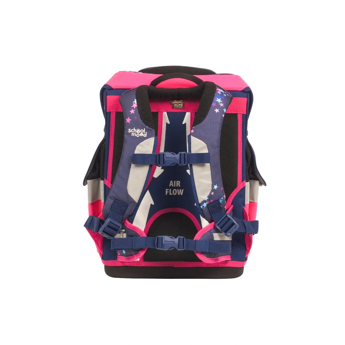 Das School-Mood Timeless Schulranzen-Set 7-teilig "Leni" in pink und navy verfügt über gepolsterte Träger, reflektierende Akzente und Sternenmuster, hier von hinten.
