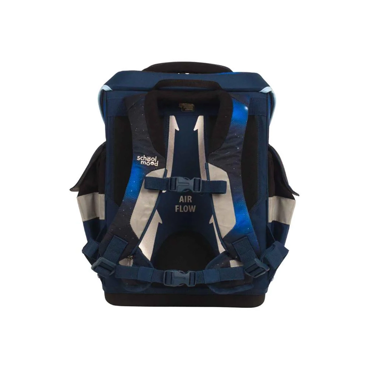 Das School-Mood Timeless Schulranzen-Set "Moritz" in Marineblau und Schwarz verfügt über gepolsterte Träger und AIR FLOW auf dem Rückenteil.