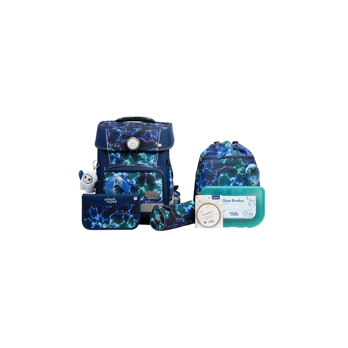 Das School-Mood Champion Schulranzen-Set 7-teilig "Felix" zeigt sich im blau-schwarzen Blitzdesign, beinhaltet Rucksack, Brotdose, Federmappe, Zubehör und bietet ergonomischen Komfort der Marke School-Mood.