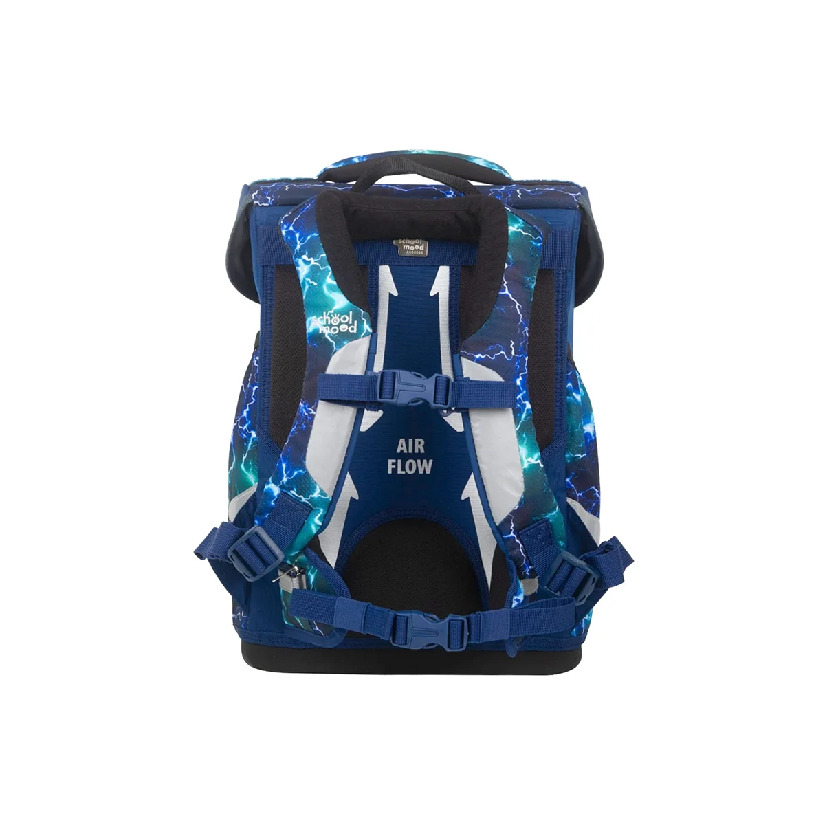 Das blau-schwarze School-Mood Champion Schulranzen-Set 7-teilig "Felix" ist mit gepolsterten Trägern, einer Schnalle und einem coolen Blitzmuster ausgestattet - eine ergonomische, stylische Wahl für den Schulalltag.