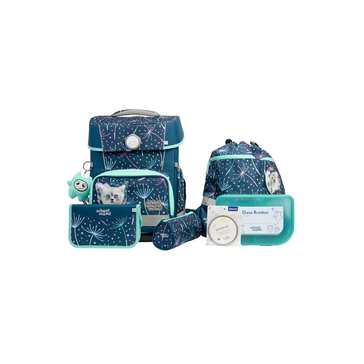 Das School-Mood Champion Schulranzen-Set 7-teilig "Lina" besteht aus einem blau-grünen Rucksack, einer Lunchbox, einem Beutel, einer Kordeltasche und mehr mit einem charmanten Katzen Hunde Motiv.