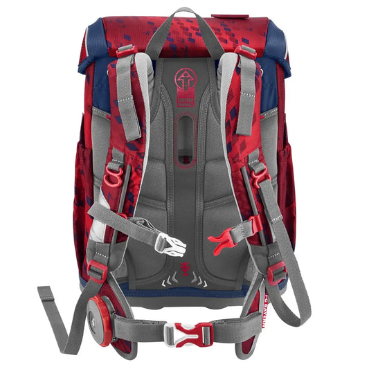 Der Step by Step Cloud Set FC Bayern Mia san Mia von Step by Step ist ein rot-grauer Rucksack mit gepolsterten Trägern, digitalem Camo-Top, mehreren Schnallen und viel Stauraum - ideal als ergonomischer Schulranzen für den täglichen Gebrauch.
