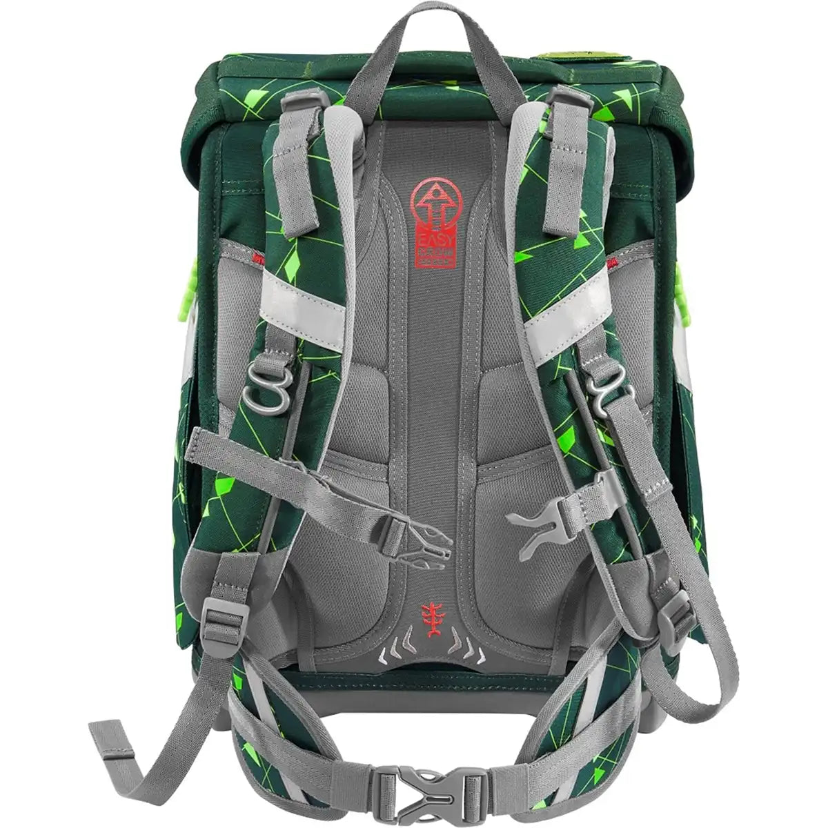 Der Step by Step Space Set Shine Dino Night ist ein grüner und grauer ergonomischer Schulrucksack mit gepolsterten Trägern, verstellbaren Brust- und Taillenschnallen, neongrünen geometrischen Akzenten, ergonomisch gepolsterter Rückenplatte und dem roten Step by Step-Logo.