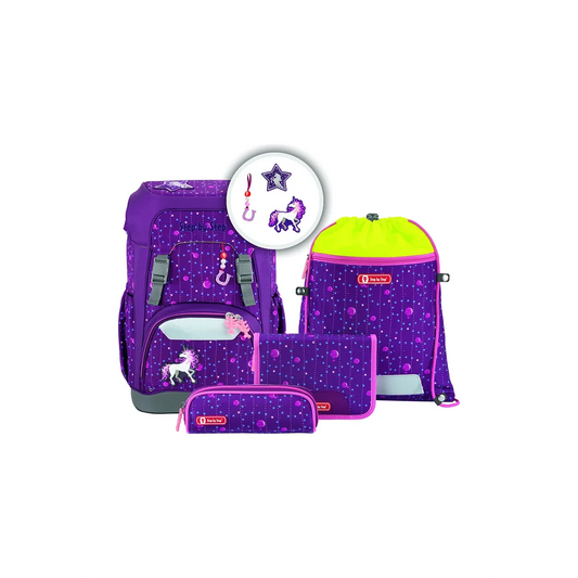 Das Step by Step GIANT Schulranzen-Set "Dreamy Unicorn" (5-teilig) besteht aus einem lilafarbenen Schulrucksack, Federmäppchen, Kordelzugtasche und Zubehör.
