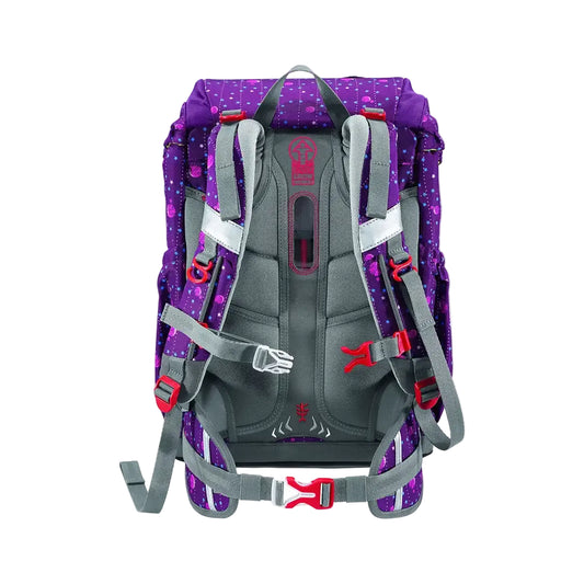 Das Step by Step GIANT Schulranzen-Set "Dreamy Unicorn" (5-tlg.) zeigt einen lila Schulrucksack mit grau gepolsterten Trägern und roten Schnallen, von hinten gesehen - ideal für Einhorn-Fans.