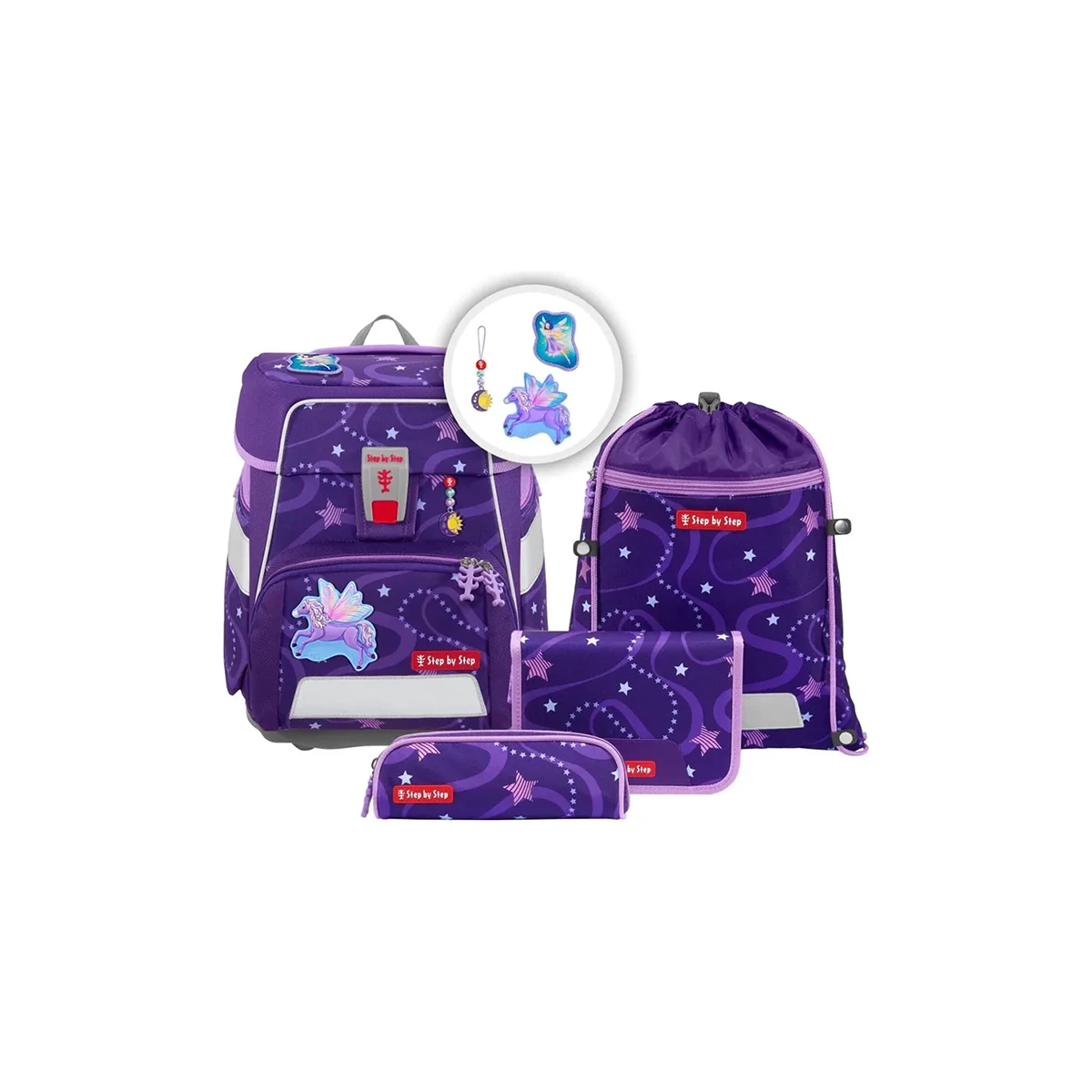 Das Step by Step Space Schulranzen-Set "Pegasus Emily" (5-teilig) zeigt ein lilafarbenes Design mit Einhörnern und Sternen, inklusive ergonomischem Schulranzen, Kordelzugtasche, Federmäppchen und Schlüsselanhängern.