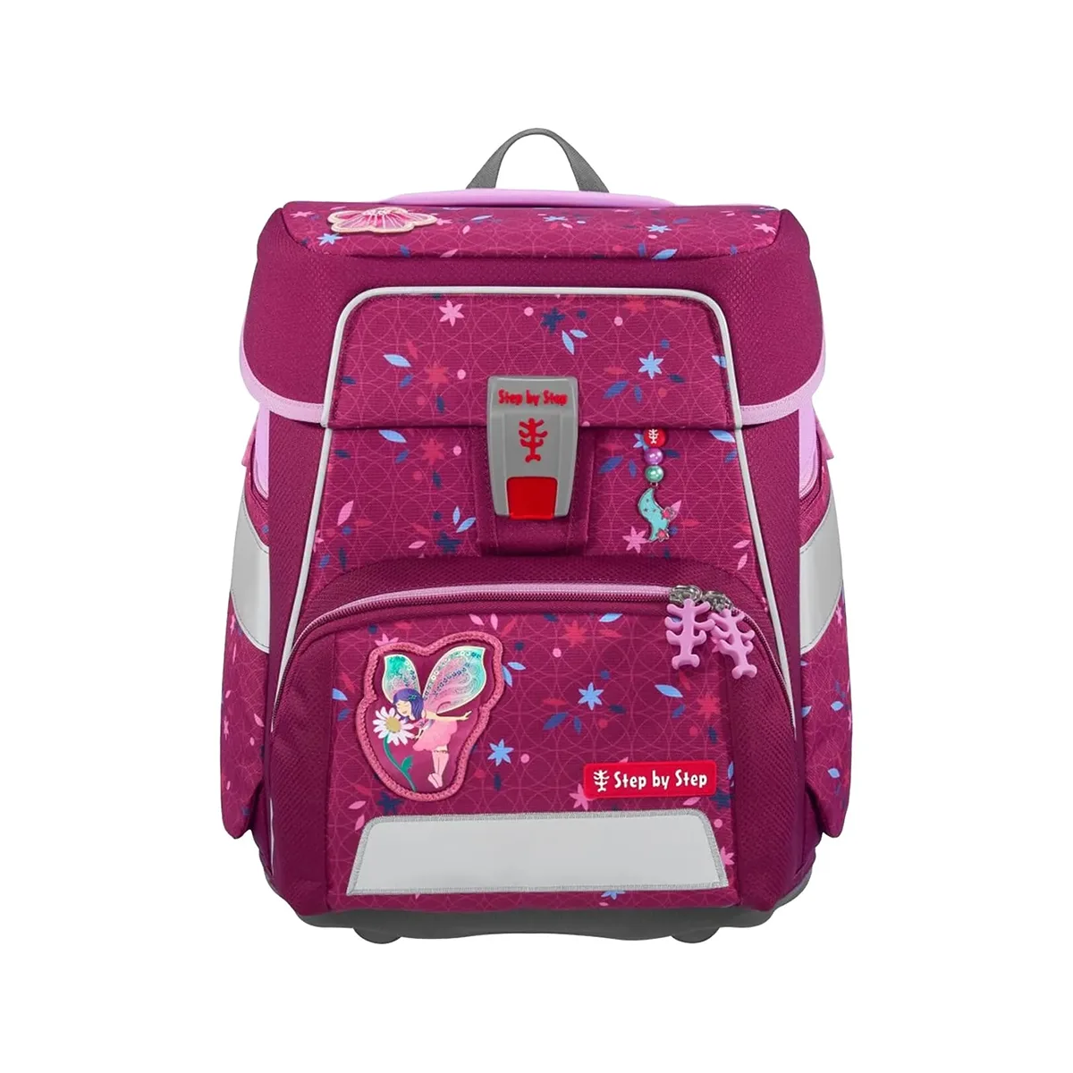 Das Step by Step SPACE Schulranzen-Set "Fairy Freya" (5-teilig) zeichnet sich durch Schmetterlings- und Blumenmotive, ergonomisches Design, Reflexstreifen, eine Vordertasche und die Farben Pink und Lila für Kinder aus.