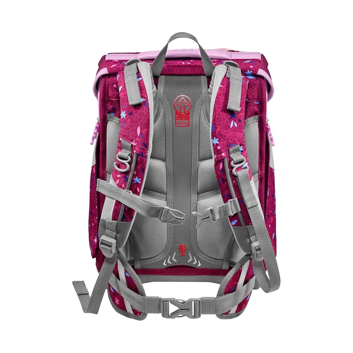 Rückansicht des Step by Step SPACE Schulranzen-Sets "Fairy Freya" (5-teilig) in Pink, Lila und Grau mit ergonomisch gepolsterten Trägern und floralem Muster.