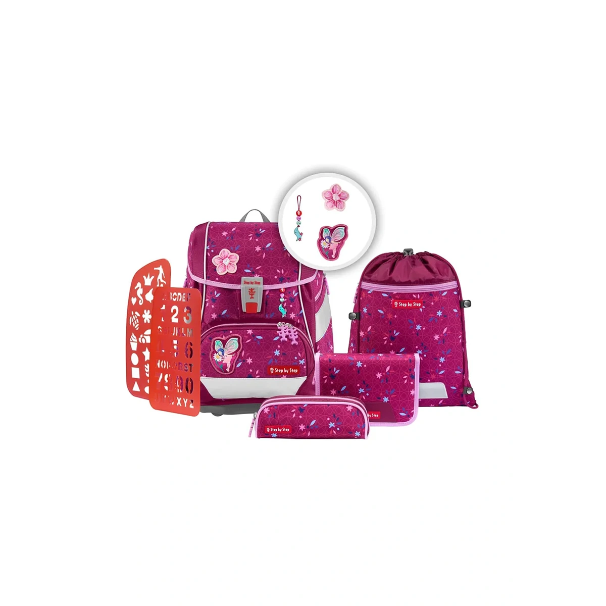 Das Step by Step 2IN1 PLUS Ranzen-Set "Fairy Freya" 6-teilig ist ein rosafarbenes Schulsachen-Set mit Schmetterlingsmotiven, das einen verstellbaren Schulrucksack, ein Federmäppchen, eine Brottasche und eine Schablone enthält.