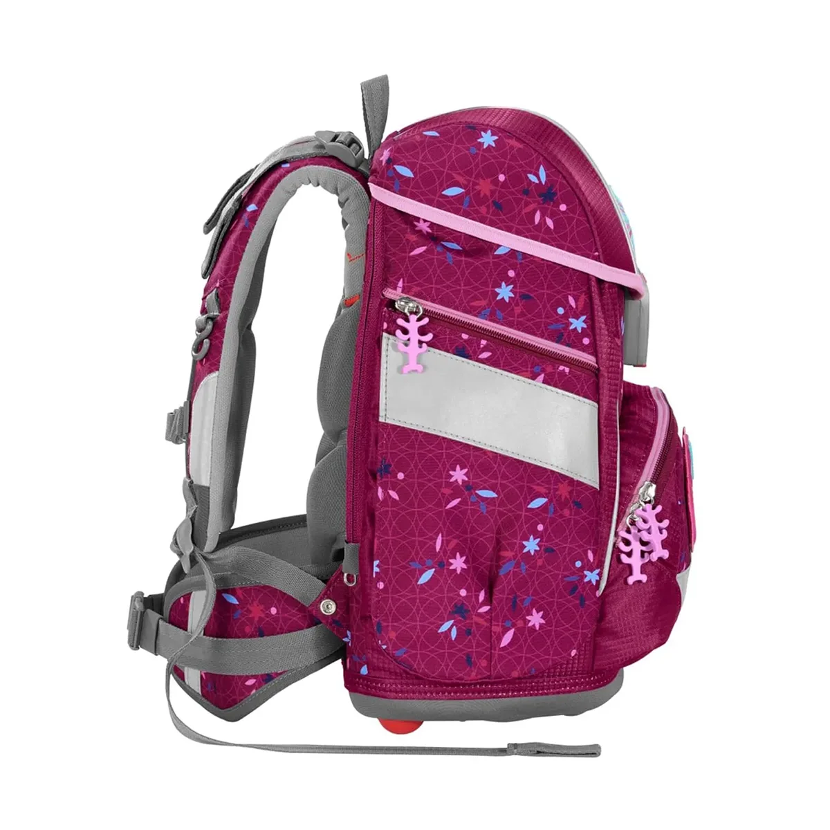 Seitenansicht des Step by Step 2IN1 PLUS Ranzen-Set "Fairy Freya", ein rosa und lila geblümter Schulrucksack mit höhenverstellbaren grauen Trägern und einem reflektierenden Streifen.