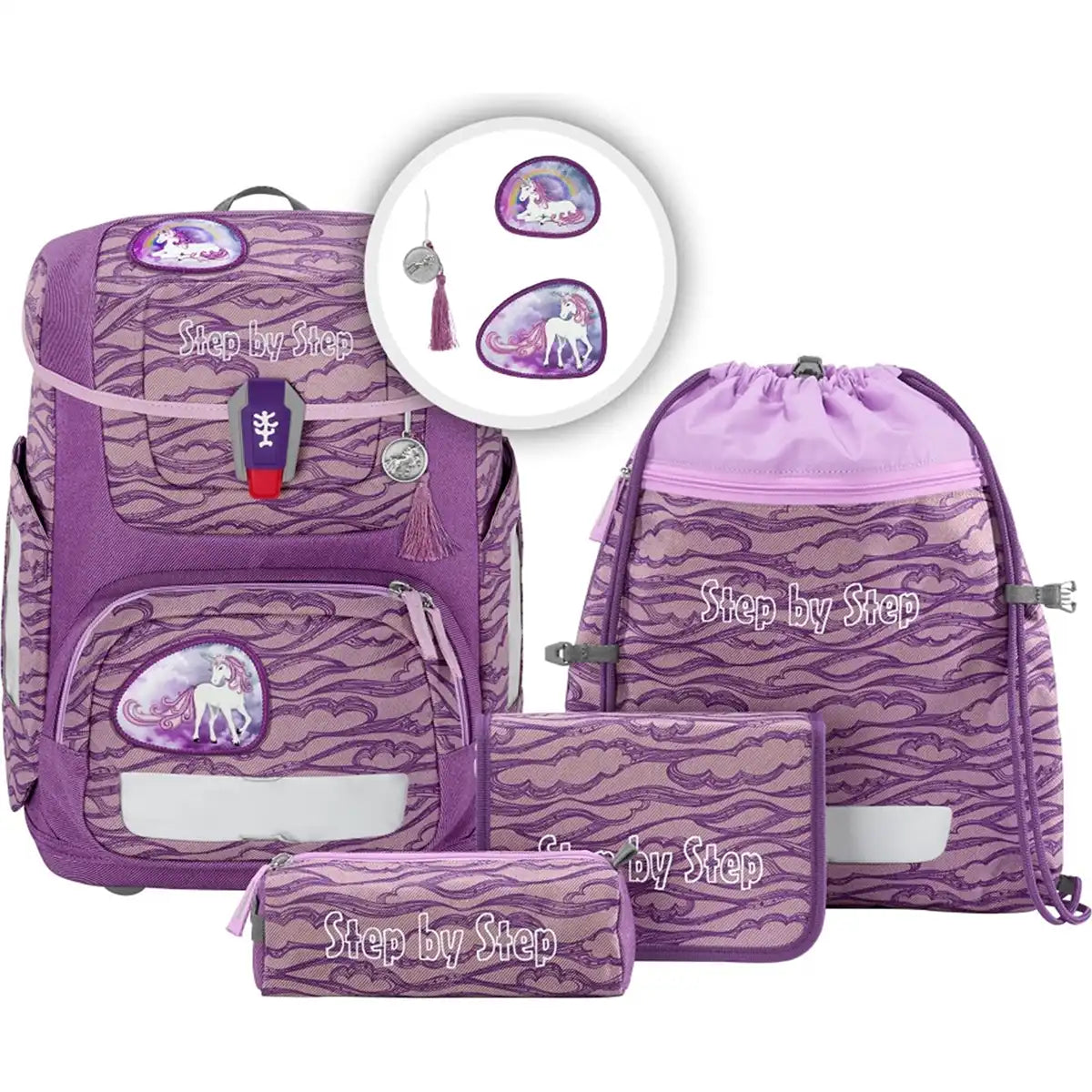 Das Step by Step Circle Set Lovely Unicorn Nuala ist ein lilafarbenes Rucksack-Set mit passendem Federmäppchen, Kordelzugtasche und Zubehör. Das ergonomische Design von Step by Step bietet reichlich Stauraum für bequemes und organisiertes Tragen.