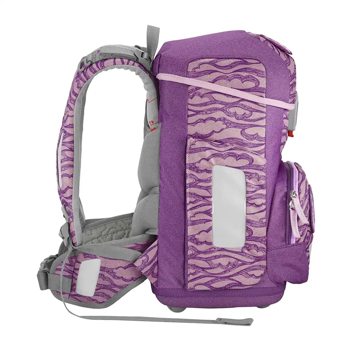 Der Step by Step Circle Set Lovely Unicorn Nuala Rucksack hat ein rosa Wolkenmuster, geräumige Fächer und gepolsterte, graue Gurte für mehr Komfort. Abgebildet von der Seite. Marke: Step by Step.