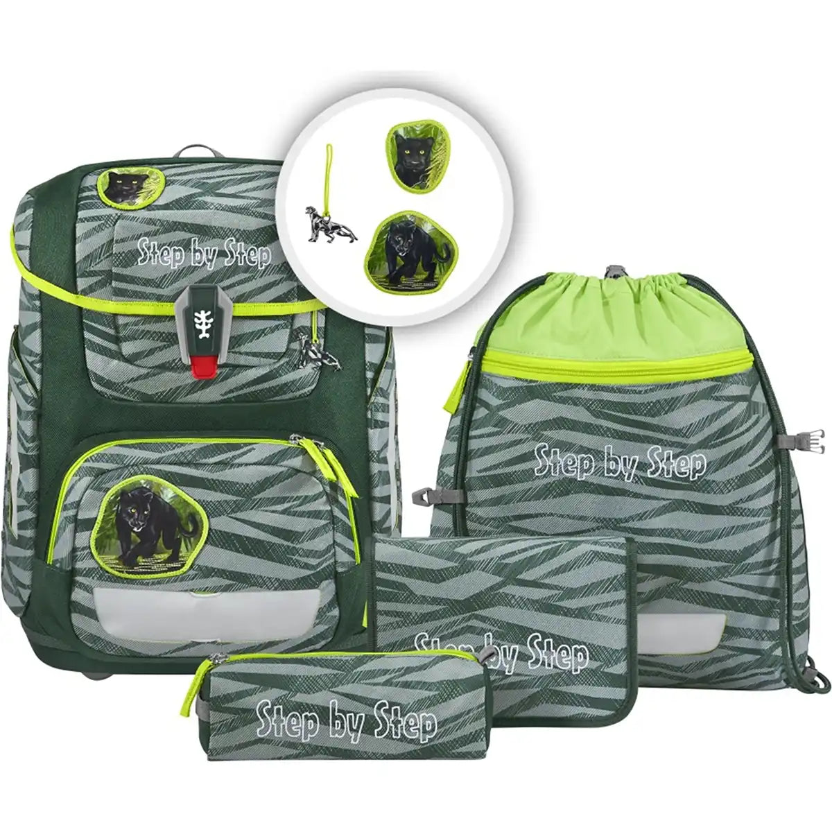 Das Step by Step Circle Set Jungle Cat Chiko ist ein grün-grau gestreiftes, ergonomisches Schulranzen-Set mit neongelben Akzenten und schwarzem Panther- und Tatzenmotiv. Enthält einen Rucksack, eine Tasche mit Kordelzug, ein Federmäppchen und ein Etui.