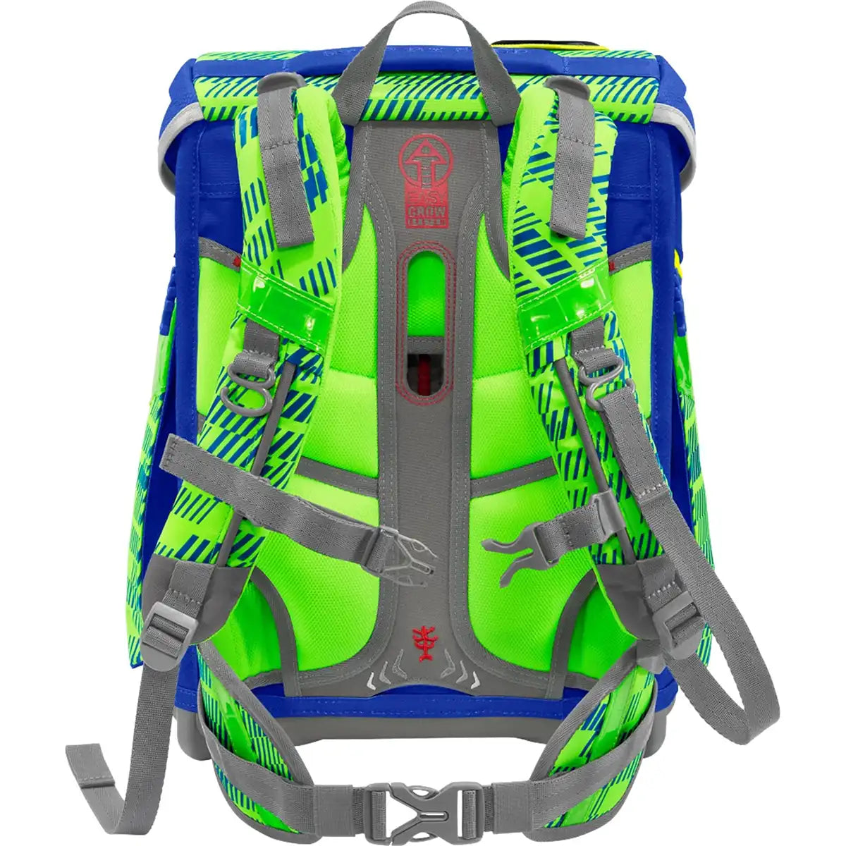 Der Step by Step Space Set Star Catcher ist ein leuchtend grüner und blauer Rucksack mit grauen Trägern, geometrischen Mustern, reichlich Stauraum und einem ergonomischen Tragesystem für optimalen Komfort.