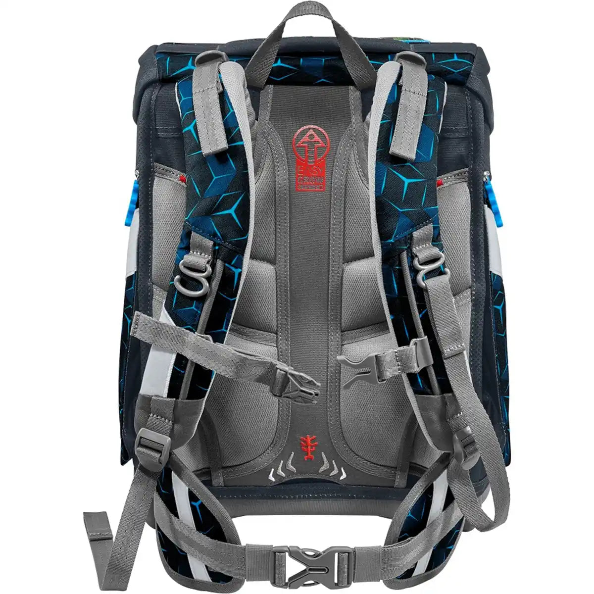 Der Step by Step Space Set Shine Tiger Night Kimba ist ein ergonomischer Schulranzen in Blau und Schwarz mit gepolsterten Trägern, Brust- und Hüftgurten, geometrischen Mustern und 20L Volumen.