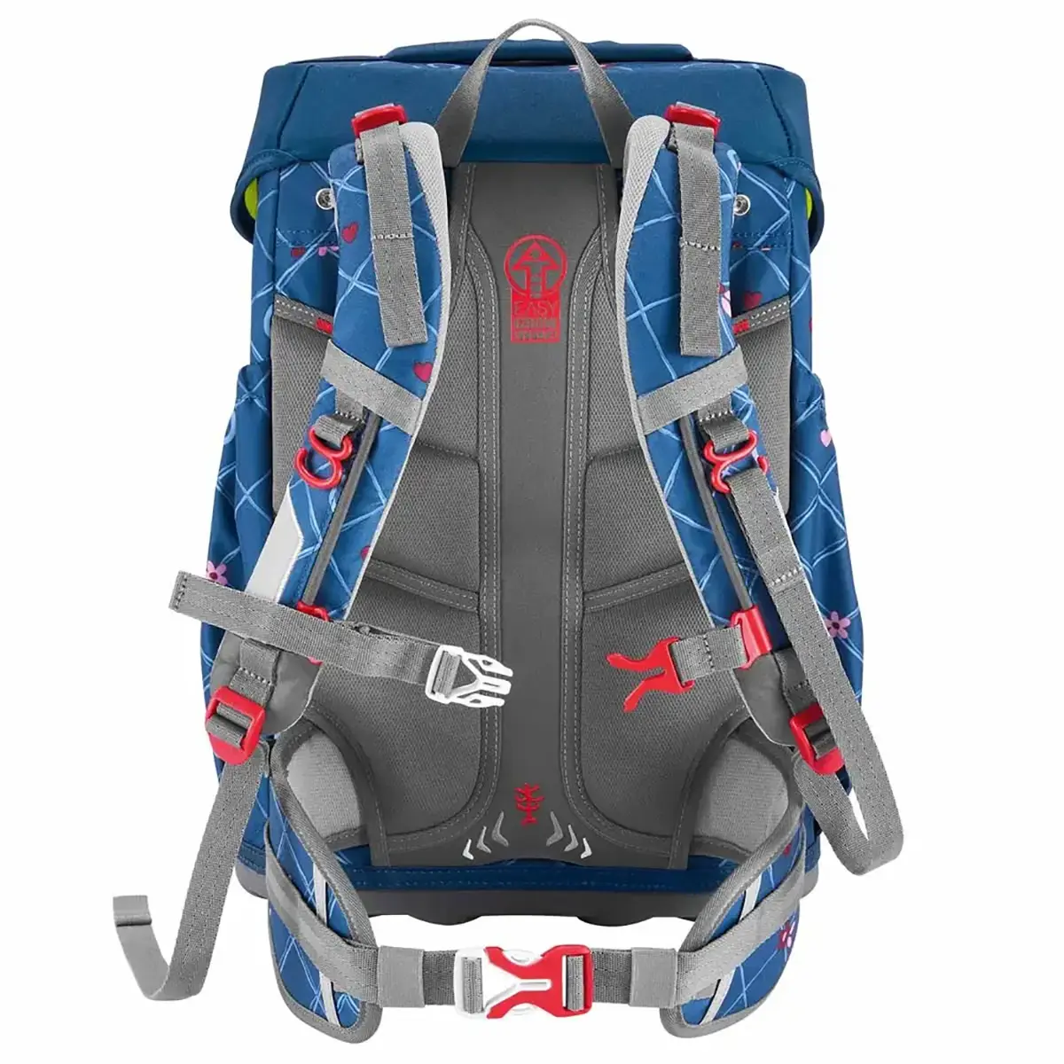 Ultraleicht und ergonomisch: Das blau-graue Step by Step GIANT Ranzen-Set "Horse Lima" (5-teilig) mit gepolsterten Trägern, roten Schnallen und geometrischen Mustern wird von hinten gezeigt.