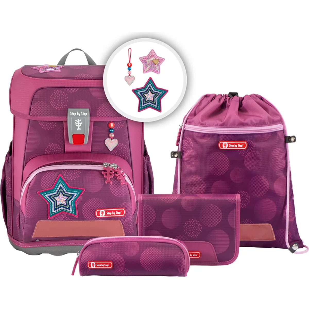 Das Step by Step Cloud Set Glamour Star von Step by Step: Ein pinkes, ultraleichtes Schulranzen-Set mit Sternmotiv - inklusive ergonomischem Rucksack, Turnbeutel, Federmäppchen und Zubehör.