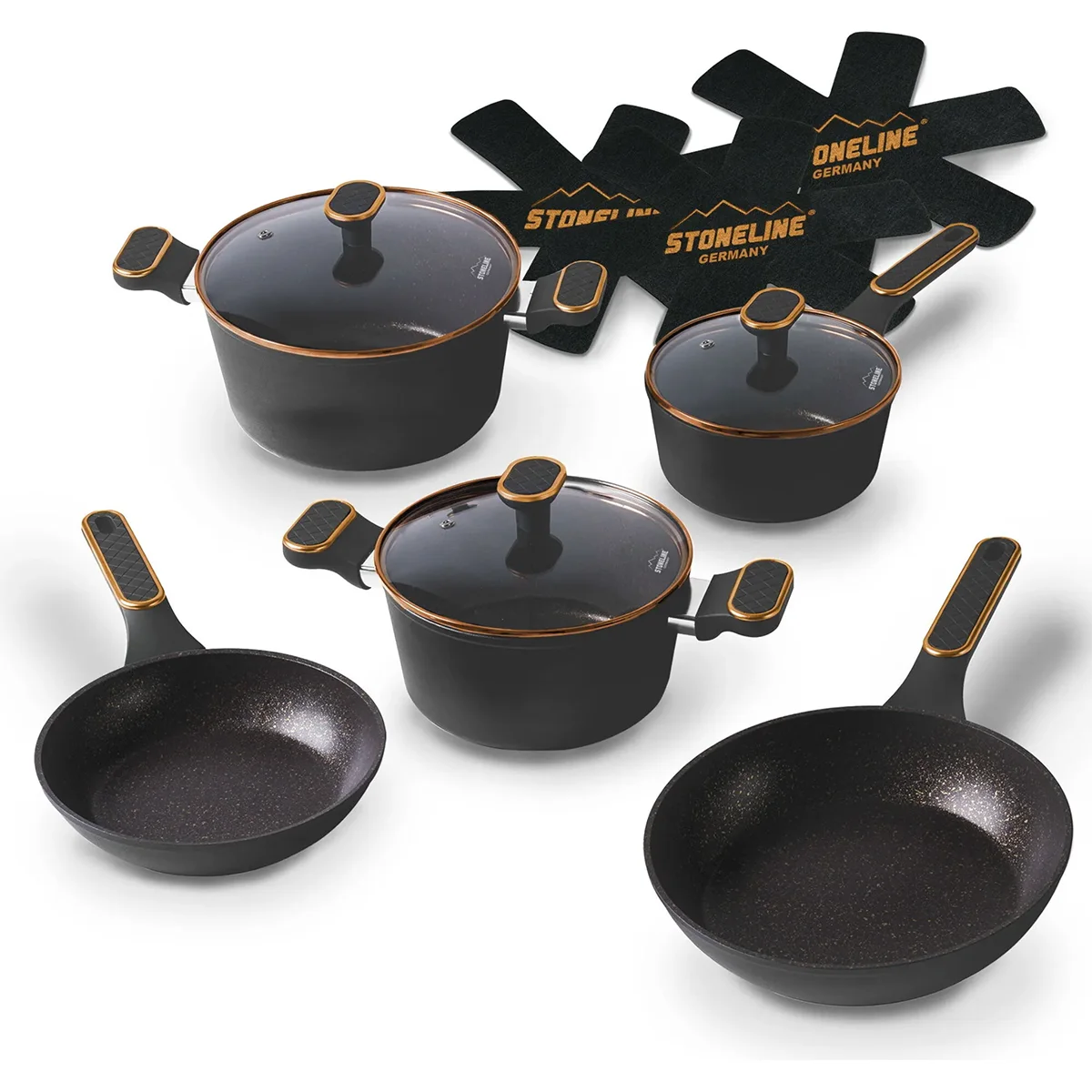 Das STONELINE Kochgeschirr-Set 11-teilig in Schwarz von Stoneline besteht aus antihaftbeschichteten Töpfen und Pfannen mit Deckeln und Schutzpads, perfekt für fettfreies Braten, abgebildet auf weißem Hintergrund.