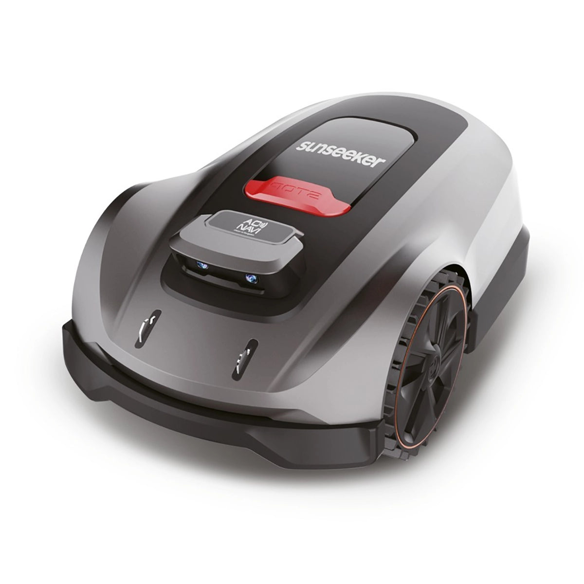 Der schwarz-graue Sunseeker V3+ Mähroboter verfügt über präzise Rasenpflege mit fortschrittlicher RTK-Navigation und trägt das Sunseeker-Branding auf weißem Hintergrund.