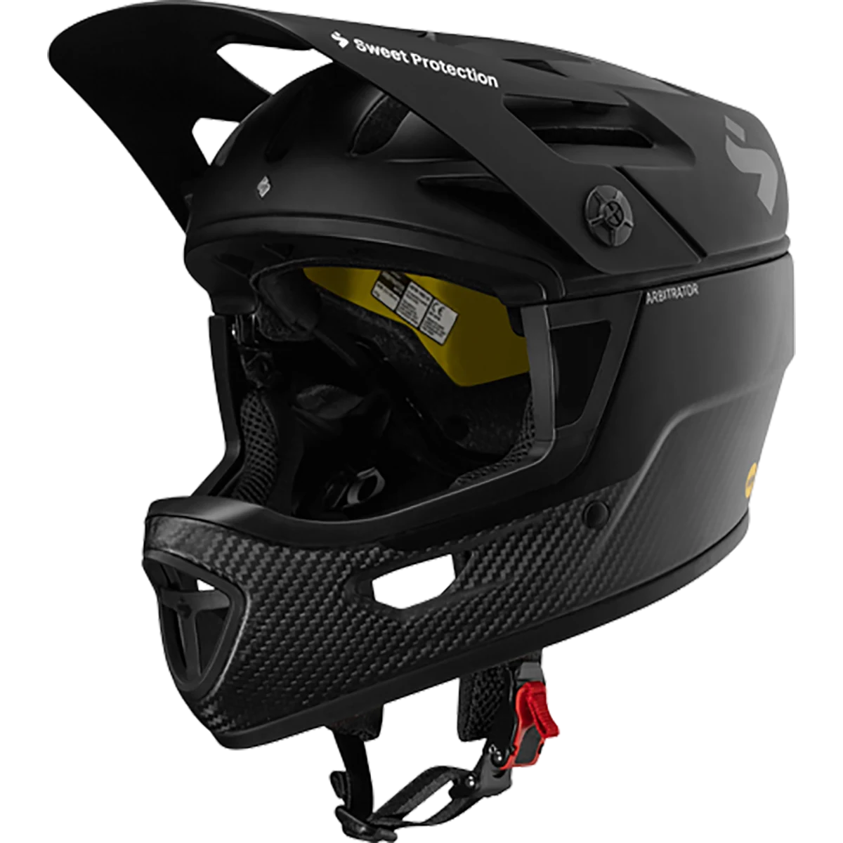 Der Sweet Protection Arbitrator MIPS Fullface Enduro Helm von Sweet Protection verfügt über ein Visier, einen Kinnschutz, Karbonfaseroptik, eine rote Schnalle und zertifizierten Downhill-Schutz - ideal für anspruchsvolle Trails.