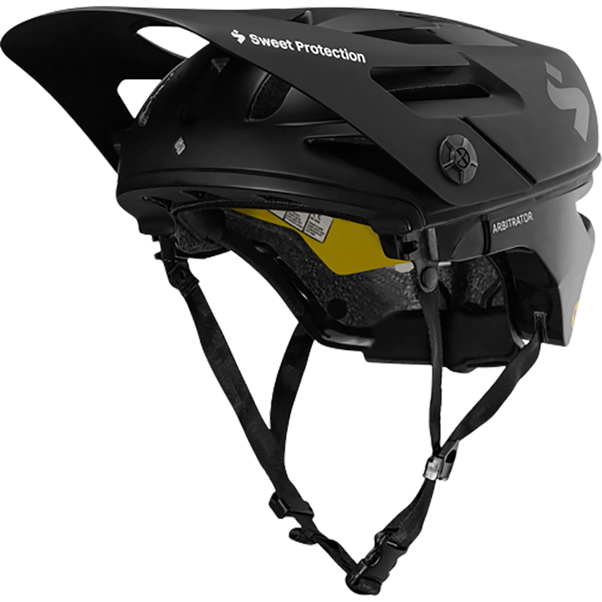Der Sweet Protection Arbitrator MIPS Fullface Enduro Helm von Sweet Protection, hier in schwarz aus der Seitenansicht, verfügt über ein verstellbares Visier und Kinnriemen. Er ist Downhill-zertifiziert für maximale Sicherheit auf anspruchsvollen Trails.
