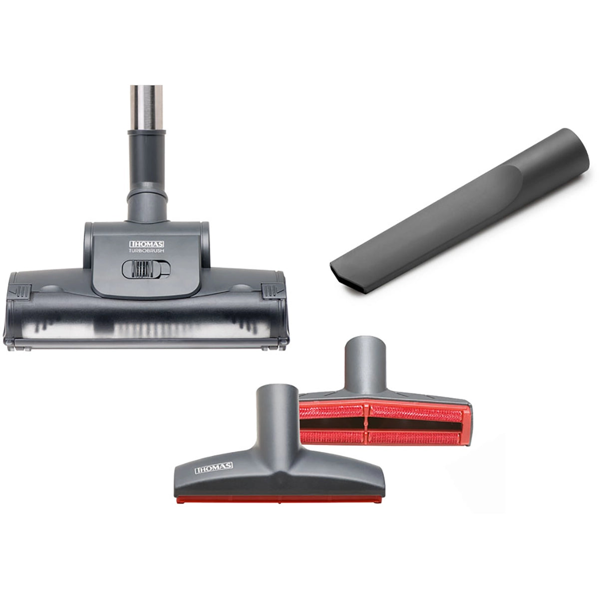 Ein Set mit vier grauen und roten Aufsätzen für den THOMAS Thomas Cycloon Hybrid Pet & Friends - orange Staubsauger: eine breite Bodenbürste, eine schmale Fugendüse und zwei Polsteraufsätze mit roten Stoffstreifen.