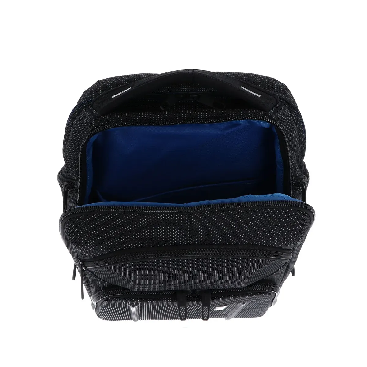 Ein Blick von oben auf den geöffneten THULE Crossover 2 Backpack 30L Black von Thule, der sein blaues Innenleben und das geräumige Hauptfach offenbart - ein idealer, robuster Business-Rucksack mit SafeZone für Profis.