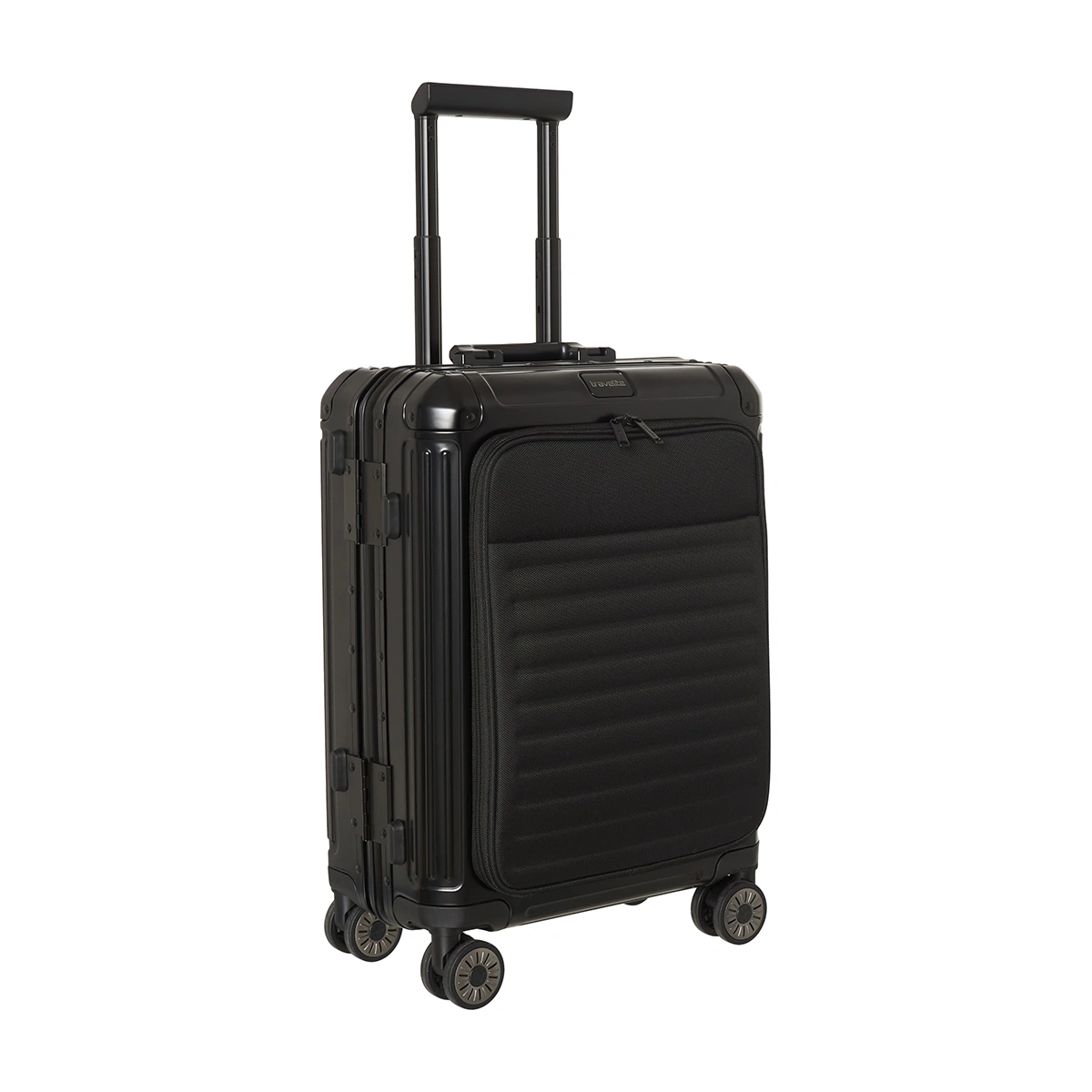 Der Travelite Next 4-Rollen-Trolley 55 cm (Schwarz, Aluminium) - Bordgepäck mit Vortasche verfügt über ein Hartschalendesign, vier Räder, einen ausziehbaren Griff, ein TSA-Schloss und eine Vordertasche mit Reißverschluss, die aufrecht auf weißem Hintergrund abgebildet ist.