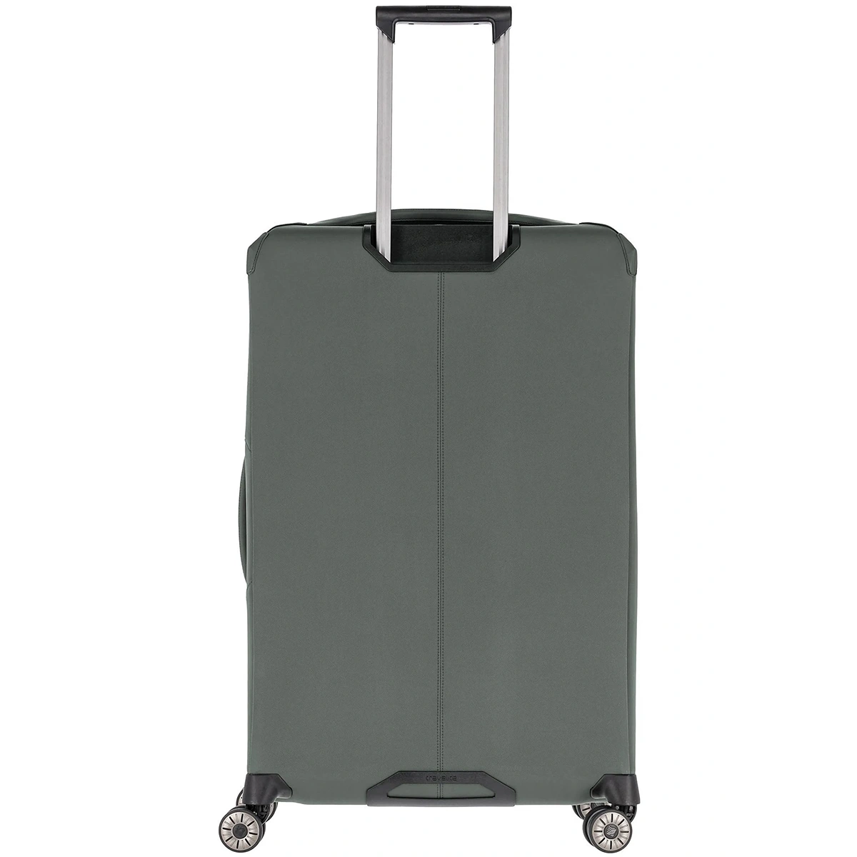 Der olivgrüne Travelite Priima 4-Rollen Trolley L (79 cm) von Travelite mit Hartschale, vier Rädern und verlängertem Teleskopgriff wird von hinten vor einem weißen Hintergrund betrachtet.