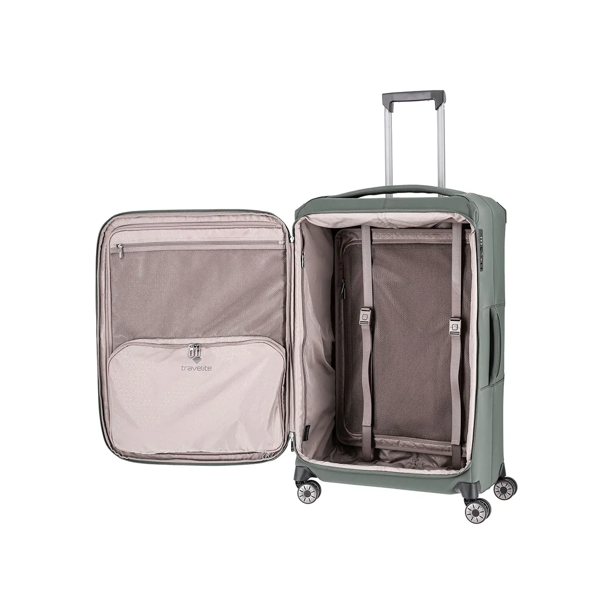 Der Travelite Priima 4-Rollen Trolley L (79 cm, Oliv) ist offen und bietet einen geräumigen, beige gefütterten Innenraum mit verstellbaren Gurten und Reißverschlussfächern im Deckel.