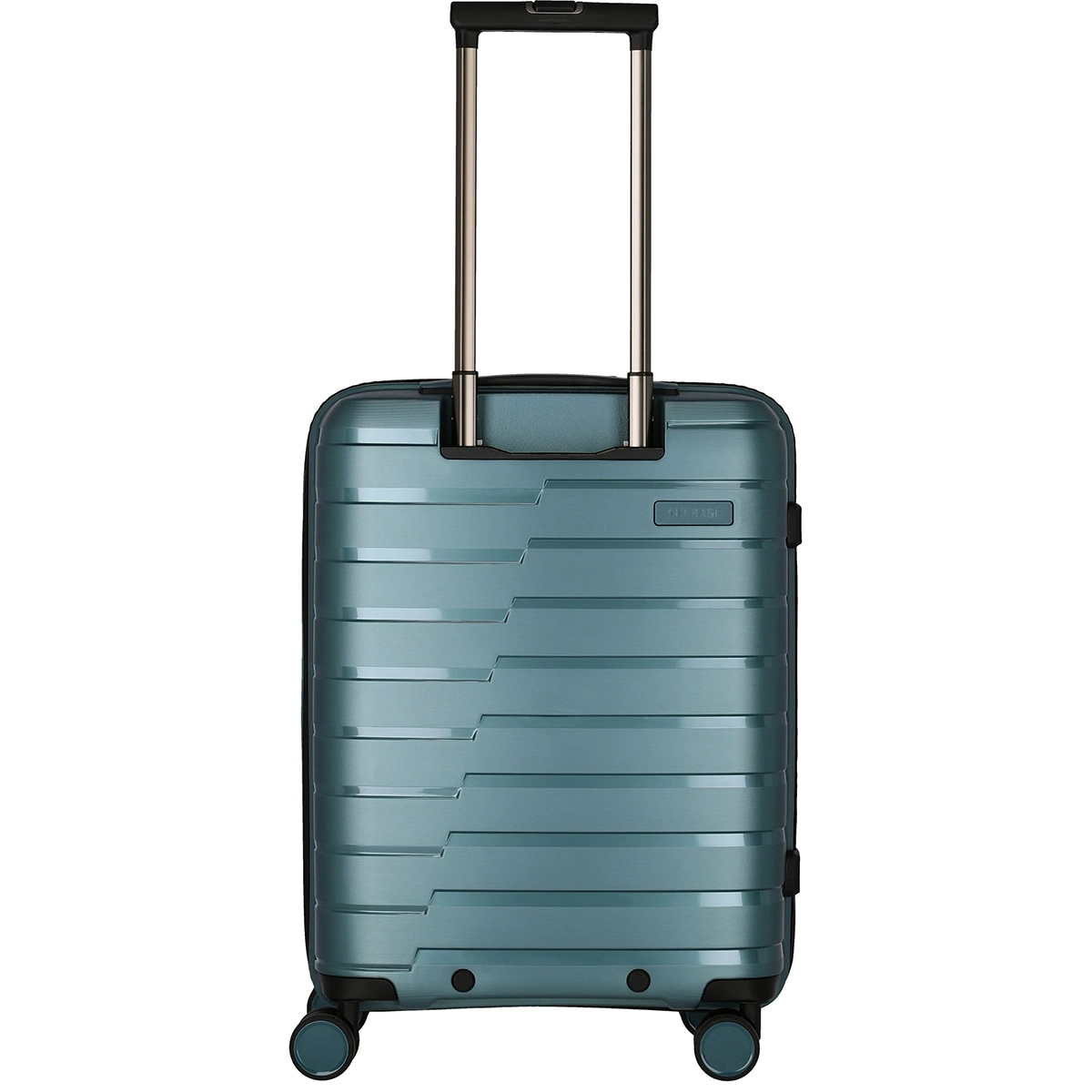 Der Travelite Air Base 4-Rad Trolley S mit Vortasche in Ice Blue zeichnet sich durch horizontale Linien, einen Teleskopgriff und vier Rollen aus - perfekt als Handgepäcktrolley der Marke Travelite.