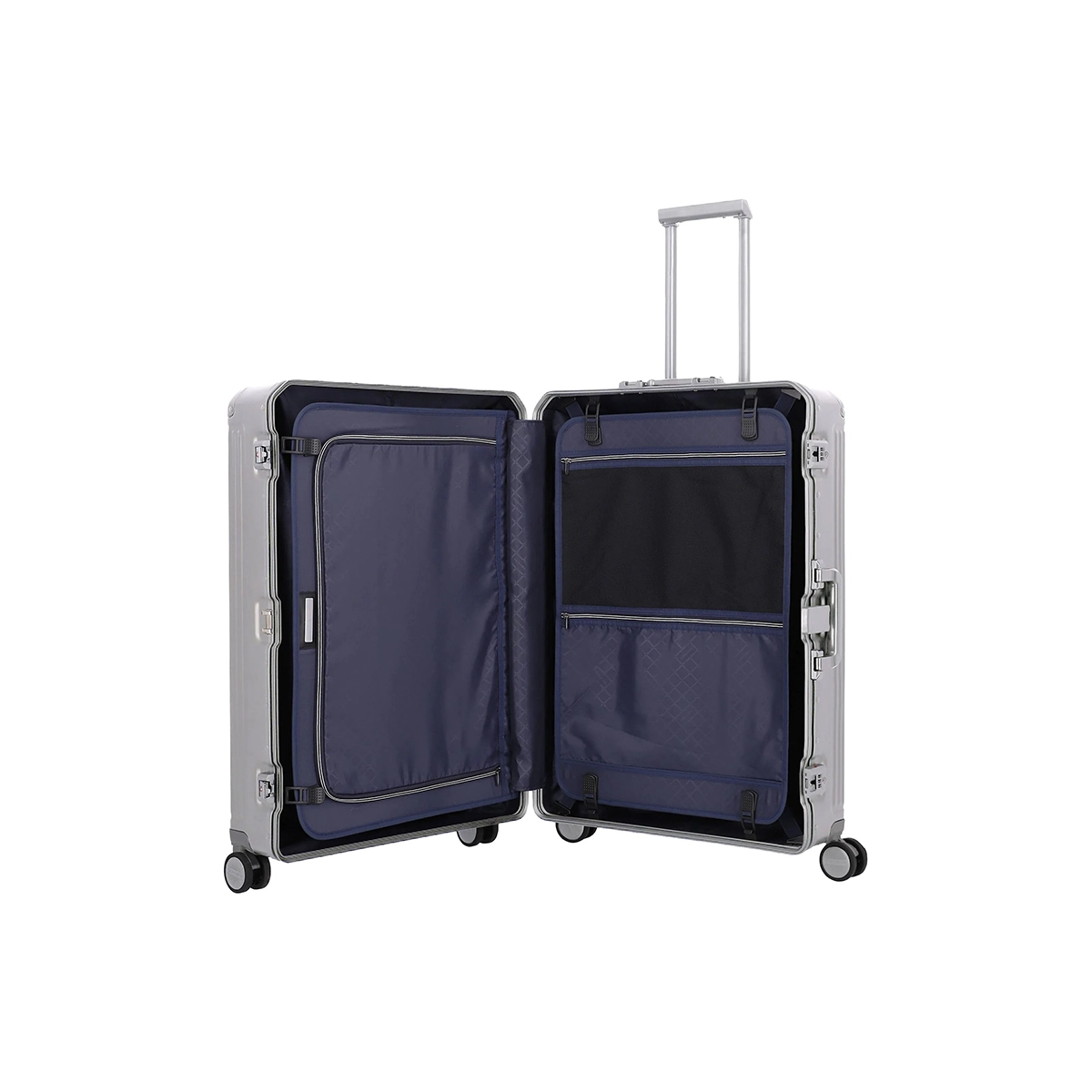 Der Travelite Next Aluminium Trolley L (4 Rollen, 100 Liter, Grau/Silber) von Travelite ist aufgeklappt dargestellt und zeigt sein marineblaues Innenleben mit mehreren Fächern, Reißverschlusstaschen, verstellbaren Gurten, vier Rollen und einem verlängerten Teleskopgriff.
