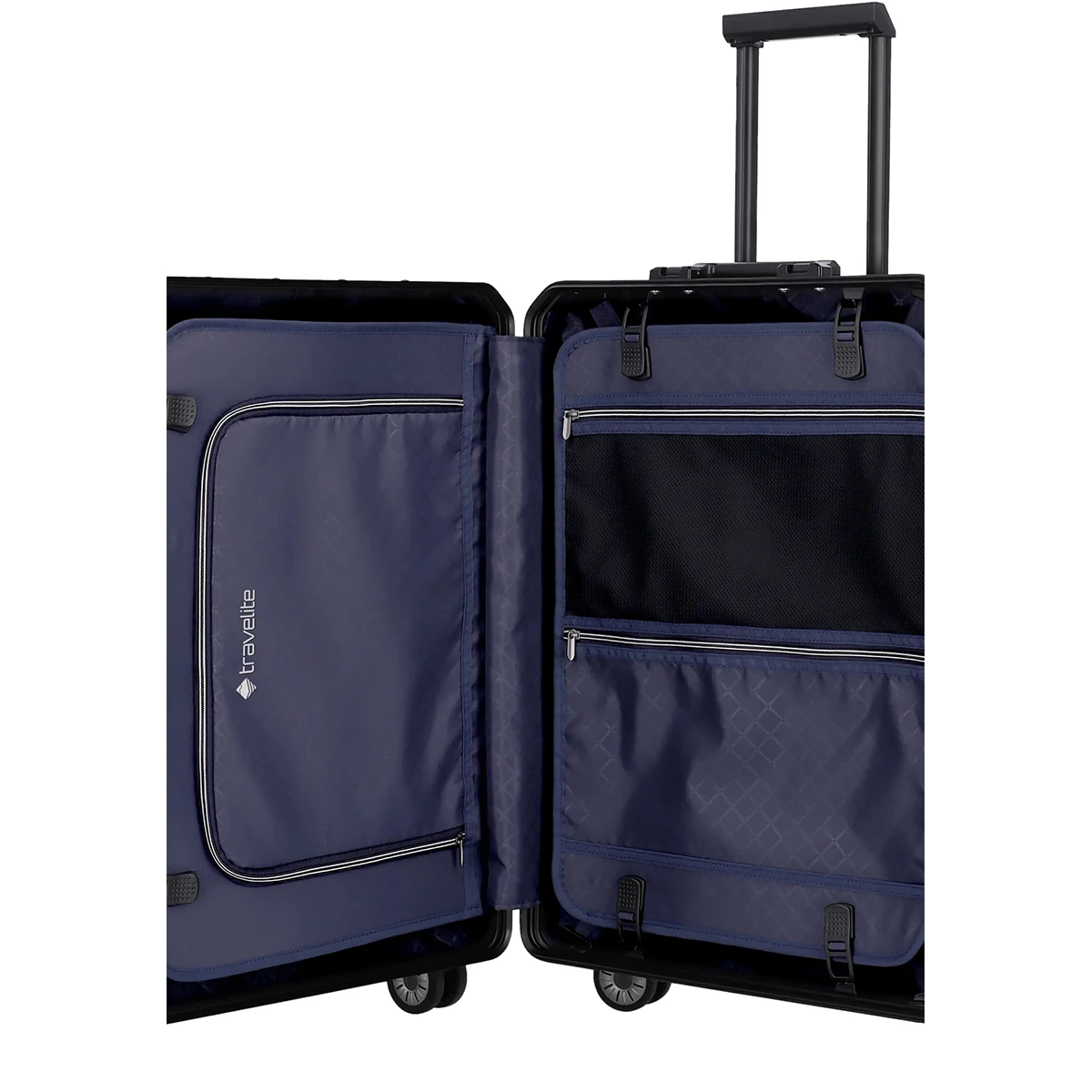 Der Travelite Next Aluminium Trolley M (4 Rollen, 69 Liter, Schwarz) verfügt über eine marineblaue Innenausstattung mit Reißverschlussfächern und einen verlängerten Teleskopgriff.