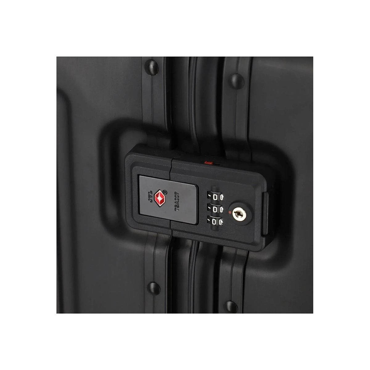 Nahaufnahme des Travelite Next 4-Rollen-Trolley 67 cm in Schwarz, Aluminium, mit eingebautem TSA Zahlenschloss und Schlüsselloch.