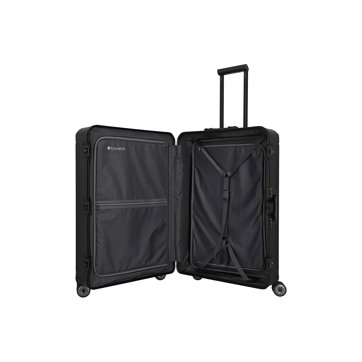 Der Travelite Next 2.0 4-Rollen-Trolley L (77 cm, Schwarz) von Travelite verfügt über eine schwarze Aluminium-Hartschale, Netztaschen mit Reißverschluss, verstellbare Gurte, vier Spinnerrollen, einen Teleskopgriff und ein TSA-Schloss für sicheres Reisen.
