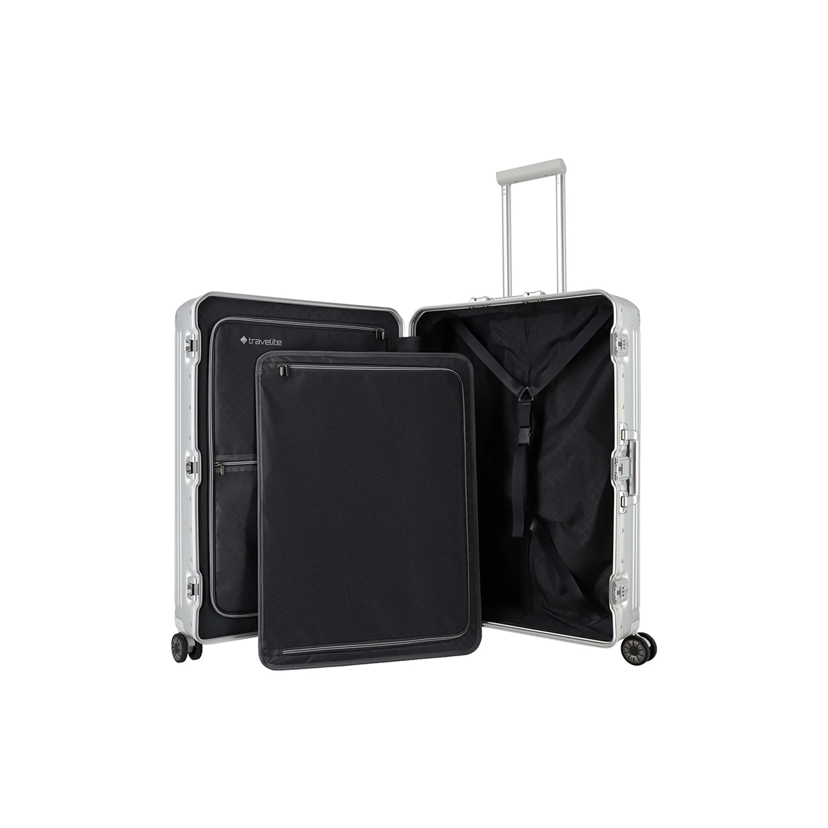 Der Travelite Next 4-Rollen-Trolley L (77 cm, Silber) von Travelite steht aufrecht und hat eine schwarze Innenausstattung, eine Trennwand, einen Teleskopgriff und vier Rollen.