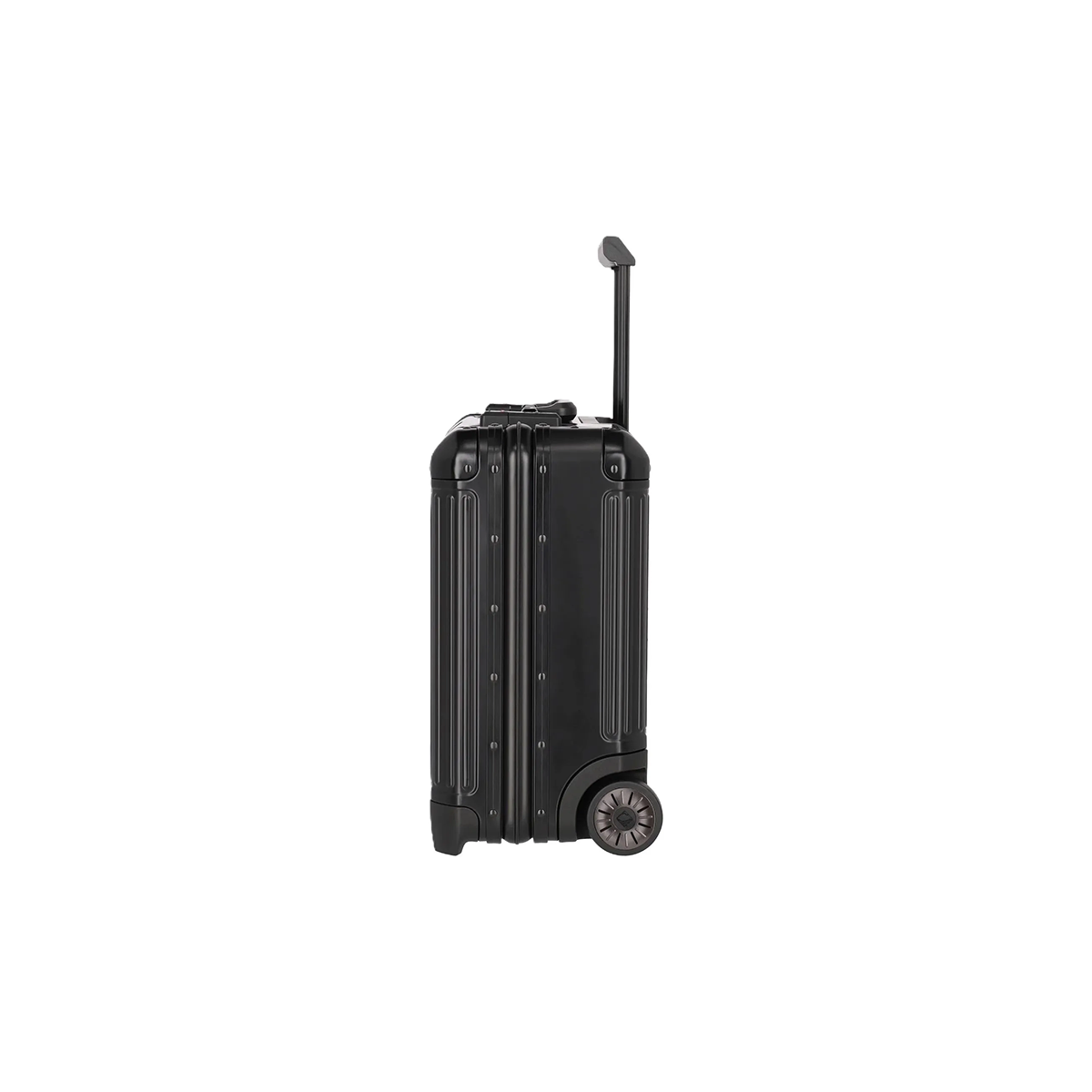 Der Travelite Next Business Wheeler (Schwarz, 34L, Bordgepäck) von Travelite ist aufrecht mit ausgezogenem Aluminium-Trolleygriff abgebildet, von der Seite betrachtet vor einem schlichten weißen Hintergrund.