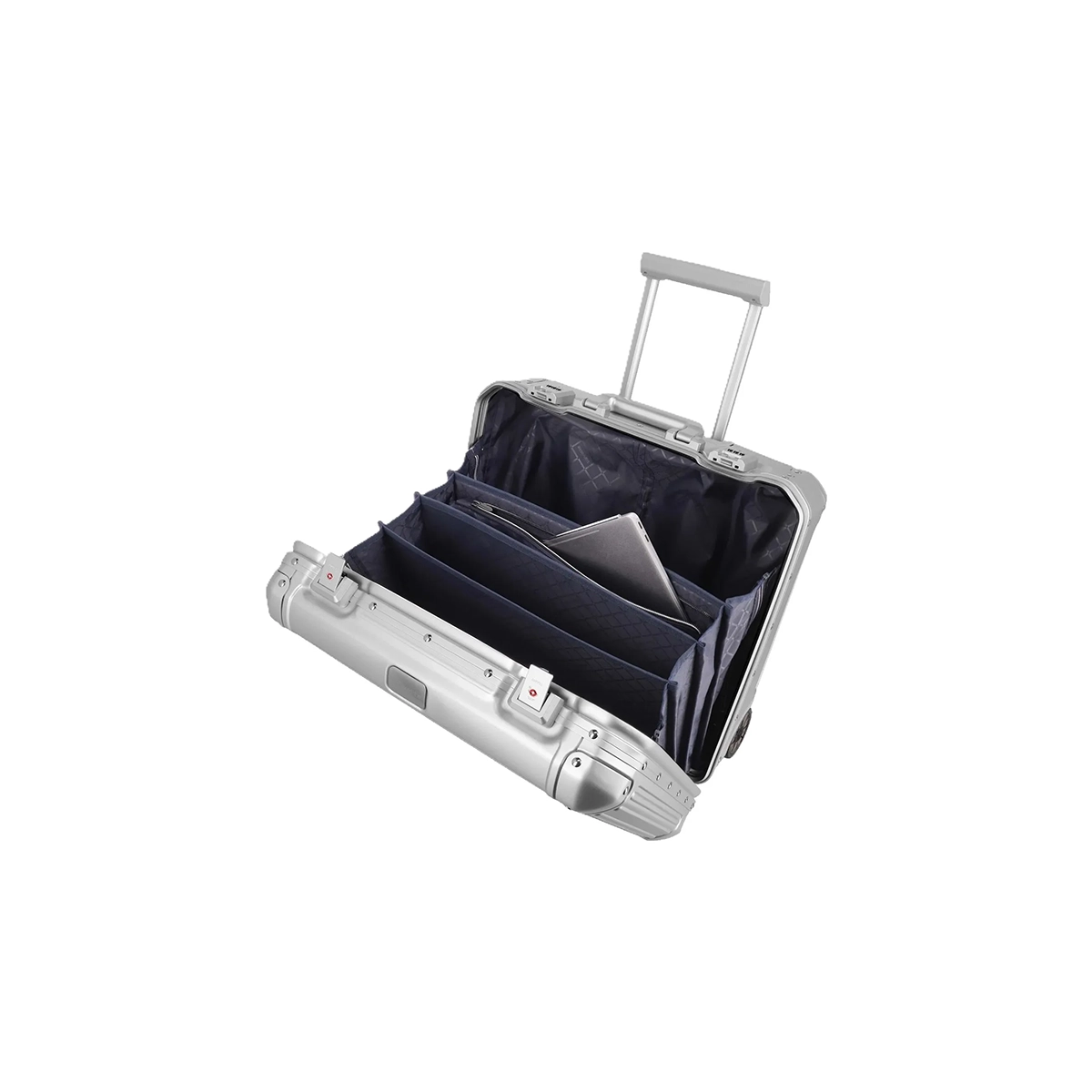 Der Travelite Next Business Wheeler - ein Aluminiumtrolley in Silber, 34L - öffnet sich und gibt organisierte Fächer mit Platz für einen Laptop frei. Damit ist er der ideale Bordgepäck-Begleiter für effiziente Geschäftsreisen.