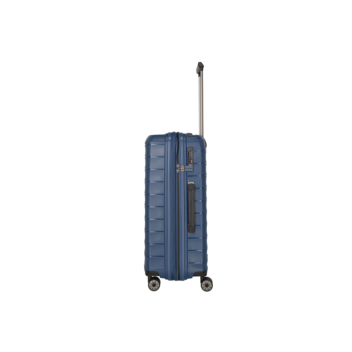 Das Travelite Mooby Trolley-Set 3tlg (S/M/L, Marineblau) von Travelite besteht aus blauen Polypropylen-Hartschalenkoffern mit strukturiertem Design, vier Rollen, TSA-Zahlenschloss und Teleskopgriff, die seitlich auf weißem Hintergrund abgebildet sind.