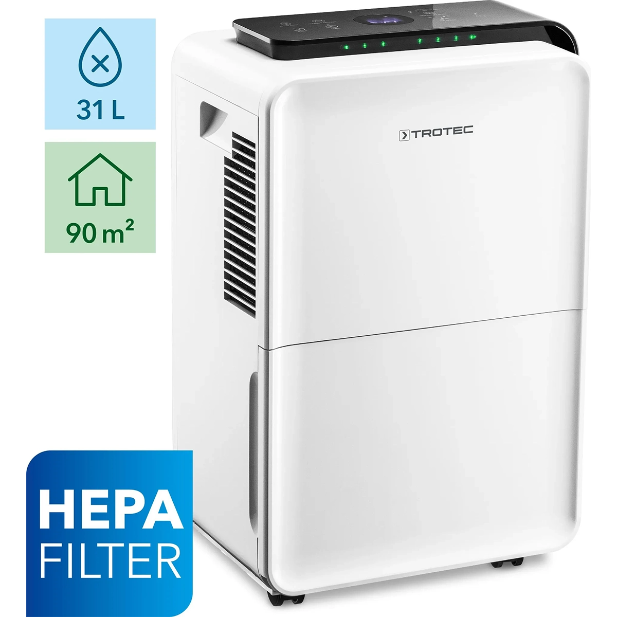 Der Trotec Luftentfeuchter TTK 99 HEPA in weiß, mit HEPA-Filter, ist ideal für bis zu 31L/24h und 90m²-perfekt zur Verhinderung von Schimmelbildung in Ihren Räumen. Abgebildete Merkmale und Icons. Marke: Trotec.