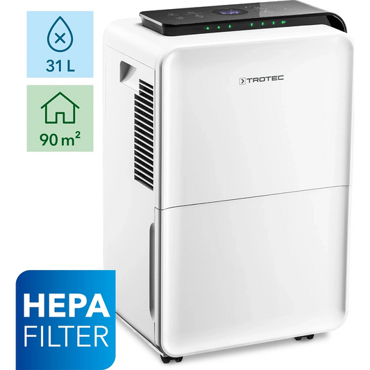 Der Trotec Luftentfeuchter TTK 99 HEPA in weiß, mit HEPA-Filter, ist ideal für bis zu 31L/24h und 90m²-perfekt zur Verhinderung von Schimmelbildung in Ihren Räumen. Abgebildete Merkmale und Icons. Marke: Trotec.