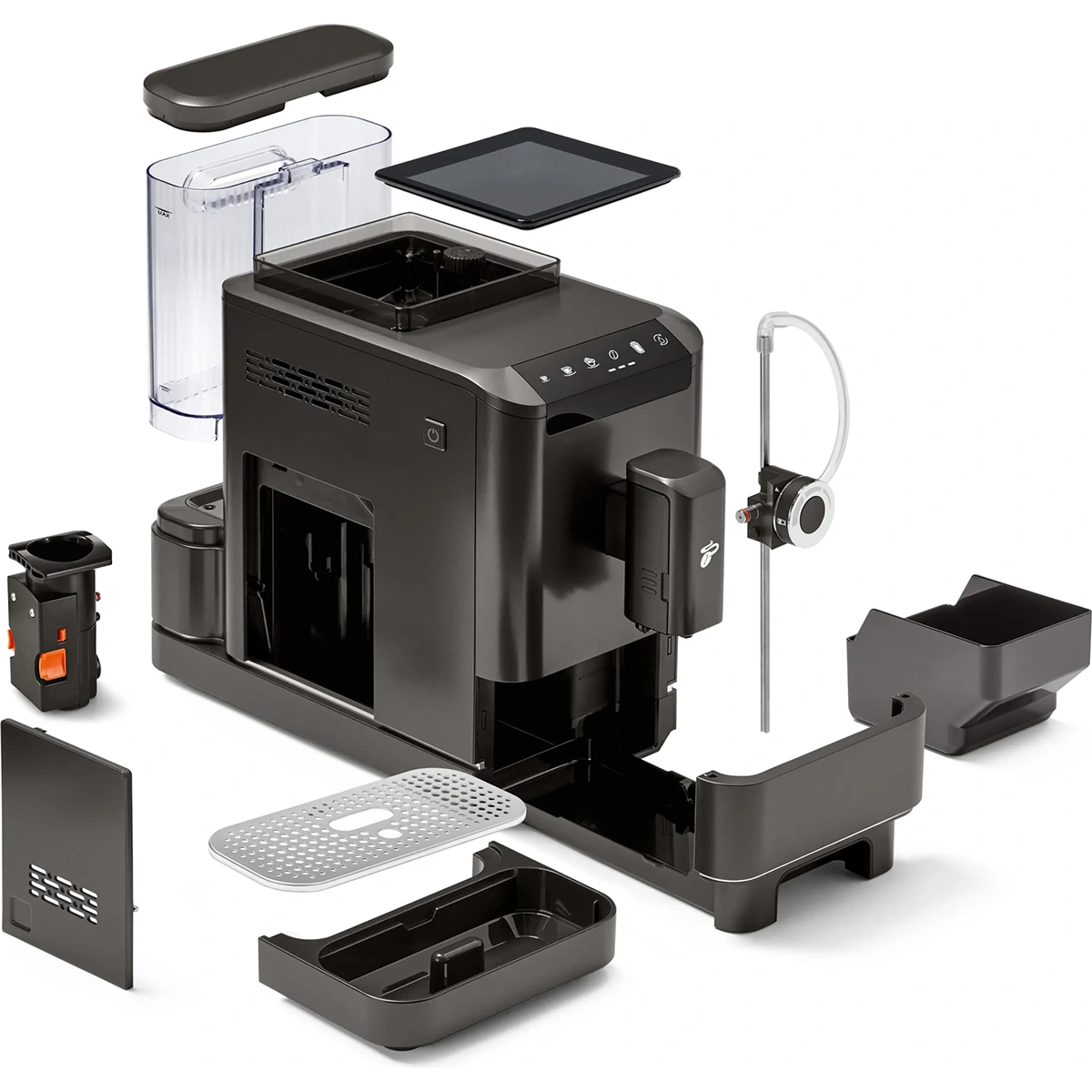 Explosionszeichnung des Tchibo Kaffeevollautomaten Esperto2 Milk in schwarz, die alle Teile und das Esperto2 Milk System getrennt und um das Hauptgerät angeordnet zeigt.