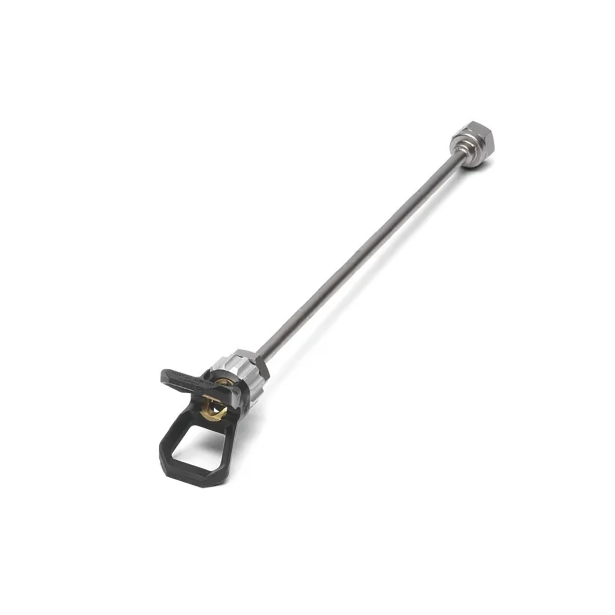 Ein Fahrradschnellspanner aus Metall mit Hebel, abgebildet auf weißem Hintergrund, erinnert an die Präzisionstechnik des Wagner Control PRO 250M Farbspritzgerätes.