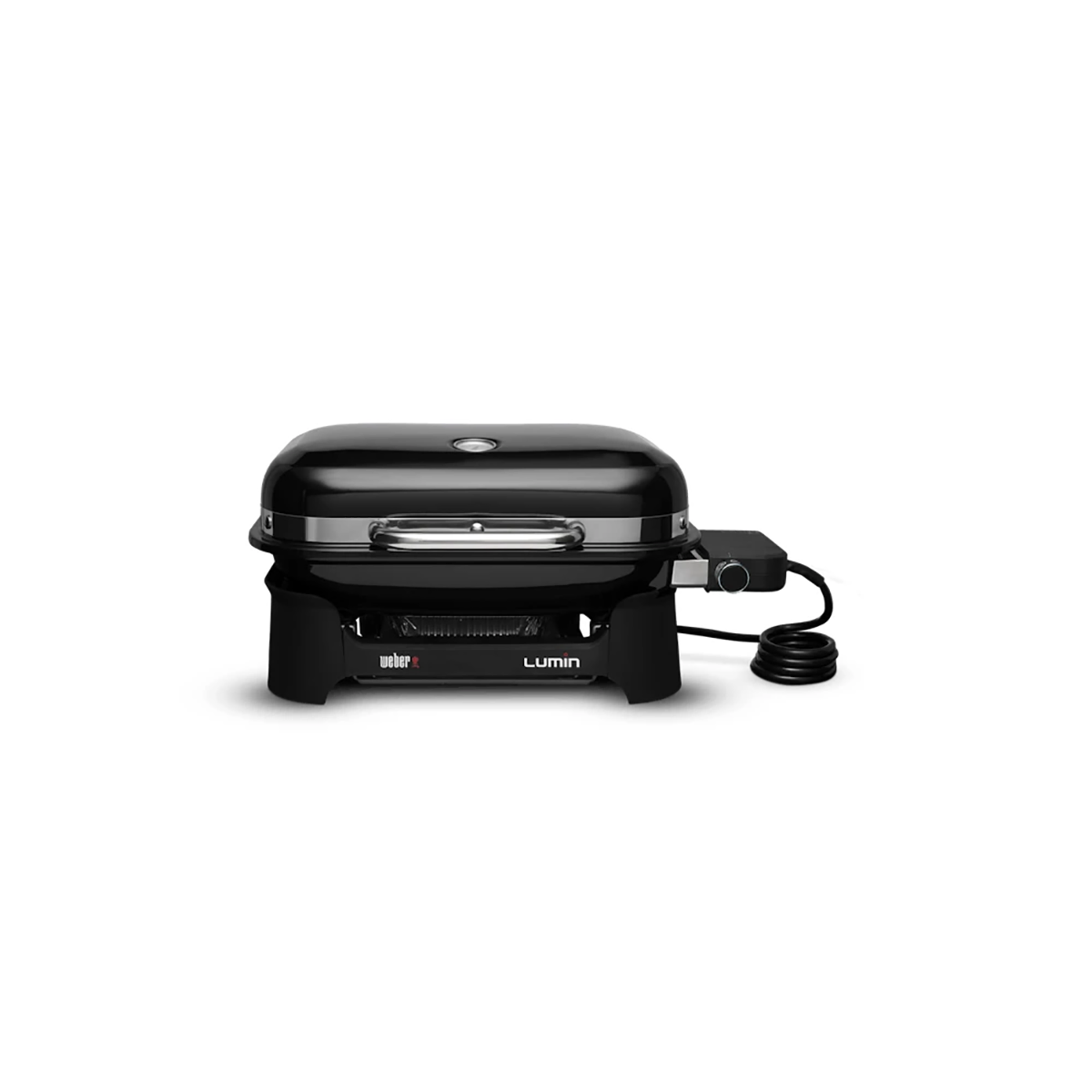 Kompakter Grill: Weber Lumin Compact, schwarzer elektrischer Tischgrill von Weber mit geschlossenem Deckel und Netzkabel, vor weißem Hintergrund.
