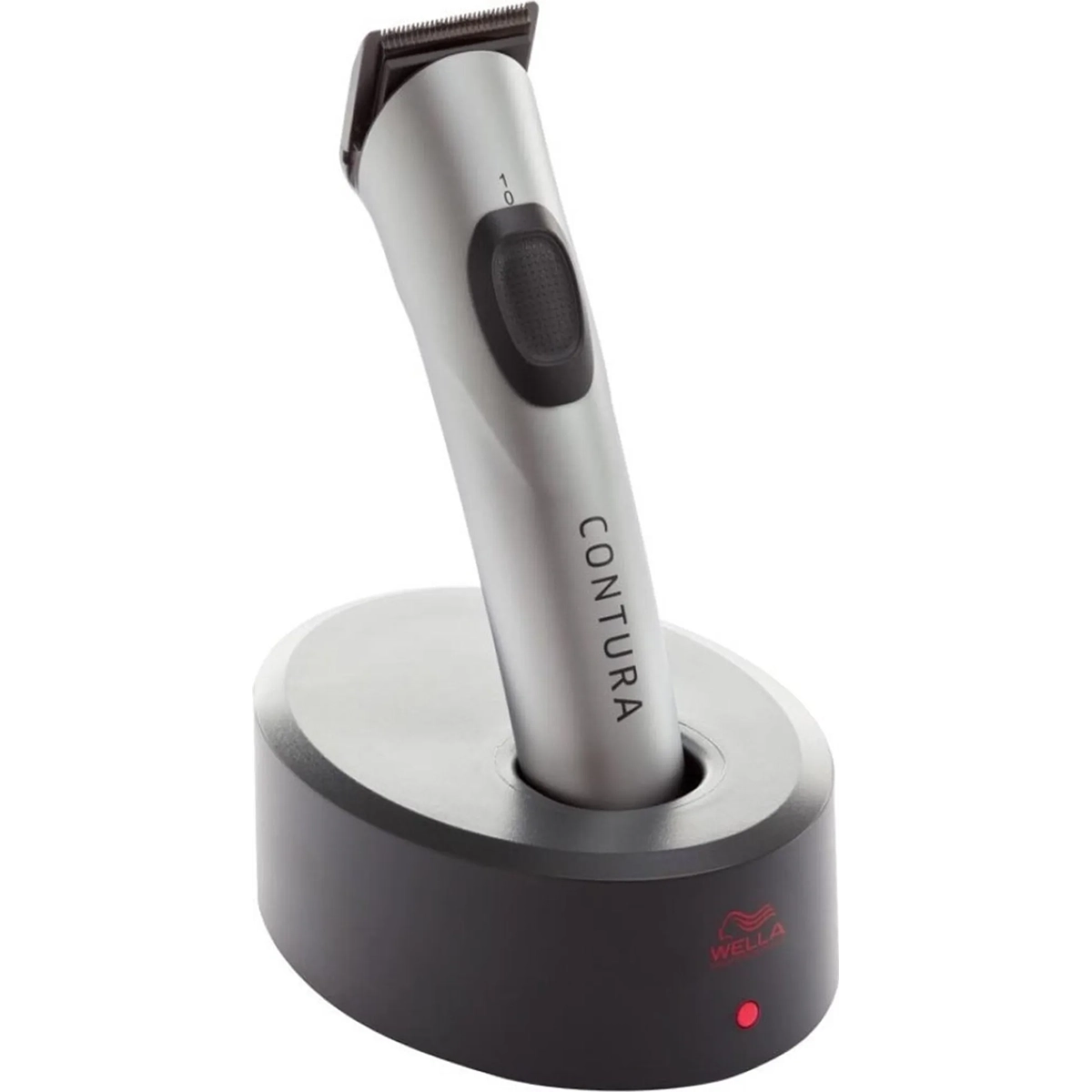 Der Wella Professionals Contura HS 62 von Wella verfügt über eine elegante schwarze Ladestation mit roter Kontrollleuchte und liefert präzises Konturentrimmen für professionelle Ergebnisse.