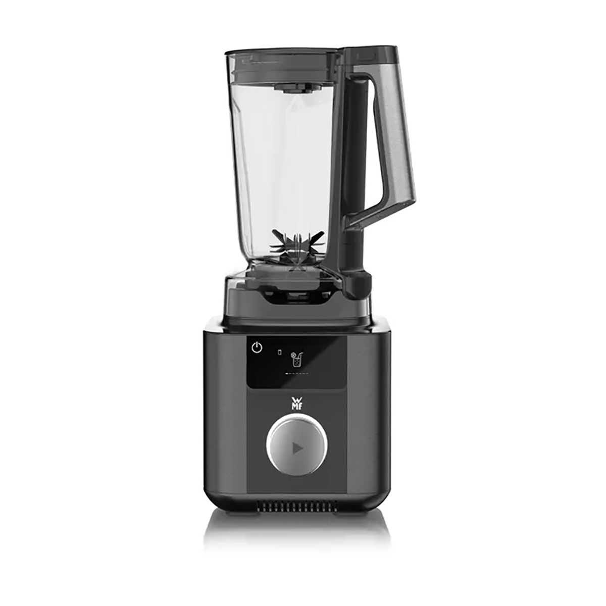 Der WMF Master Hochleistungsmixer - grau von WMF ist ein eleganter grauer Standmixer mit einem durchsichtigen Krug, einem stabilen Griff, scharfen Klingen und einer digitalen Steuerung - ideal für die Zubereitung von Smoothies.