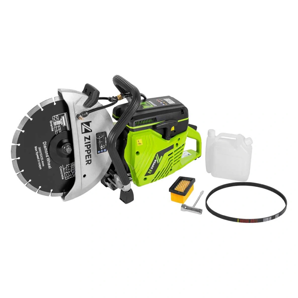 Der Zipper ZI-BTS300T 2400 W Betontrennschneider verfügt über eine große Diamantscheibe für Nass- und Trockenschnitte, plus Zubehör: Gürtel, Schlüssel, Behälter und kleine Box - ideal von Zipper für anspruchsvolle Betonschneideaufgaben.