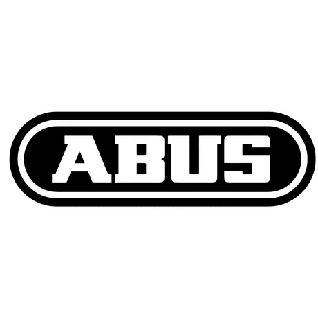 ABUS-Logo in fetten, weißen Blockbuchstaben innerhalb eines schwarzen Ovals mit weißem und schwarzem Rand.