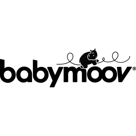 Babymoov-Logo mit einem kleinen Cartoon-Nilpferd, das auf einer Wellenlinie über dem Text sitzt.