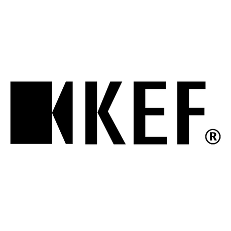 KEF-Logo in fetten schwarzen Buchstaben mit einer quadratischen Form, die den linken Teil des ersten K auf weißem Hintergrund ersetzt.